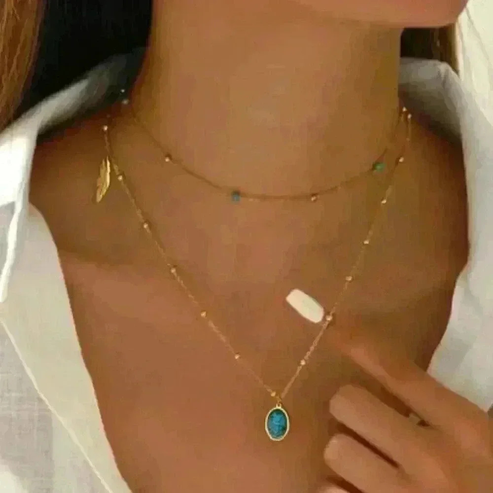 Faux Larimar stone Pendant & feather charm in a Layered 18k Gold Filled